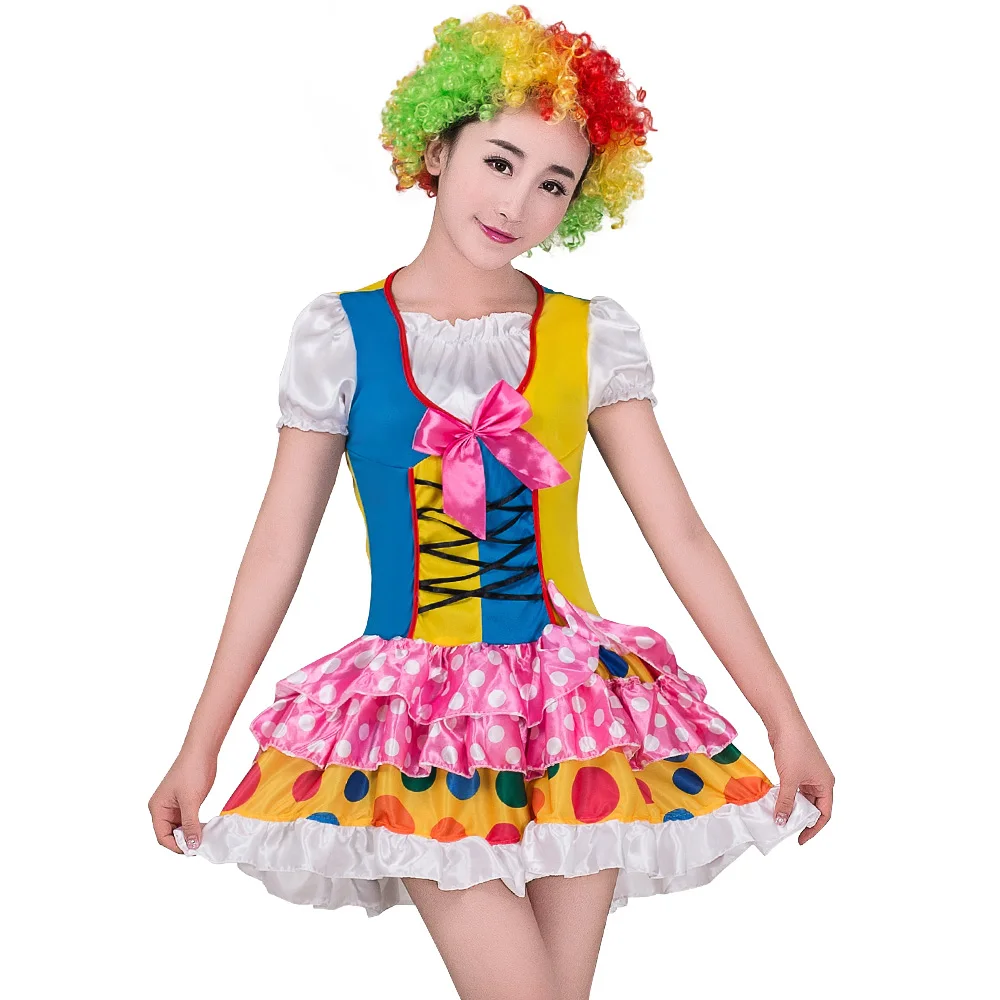 Adult Rainbow Circus Clown Costume for Women Funny Joker Girls Birthday Carnival Party Outfit Sweet Clothes No Wig