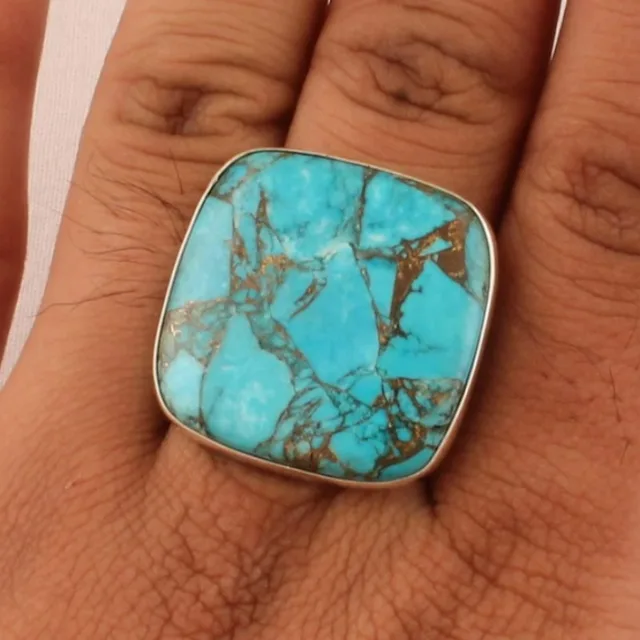 Anillo bohemio con turquesa geometría plata vintage mujer