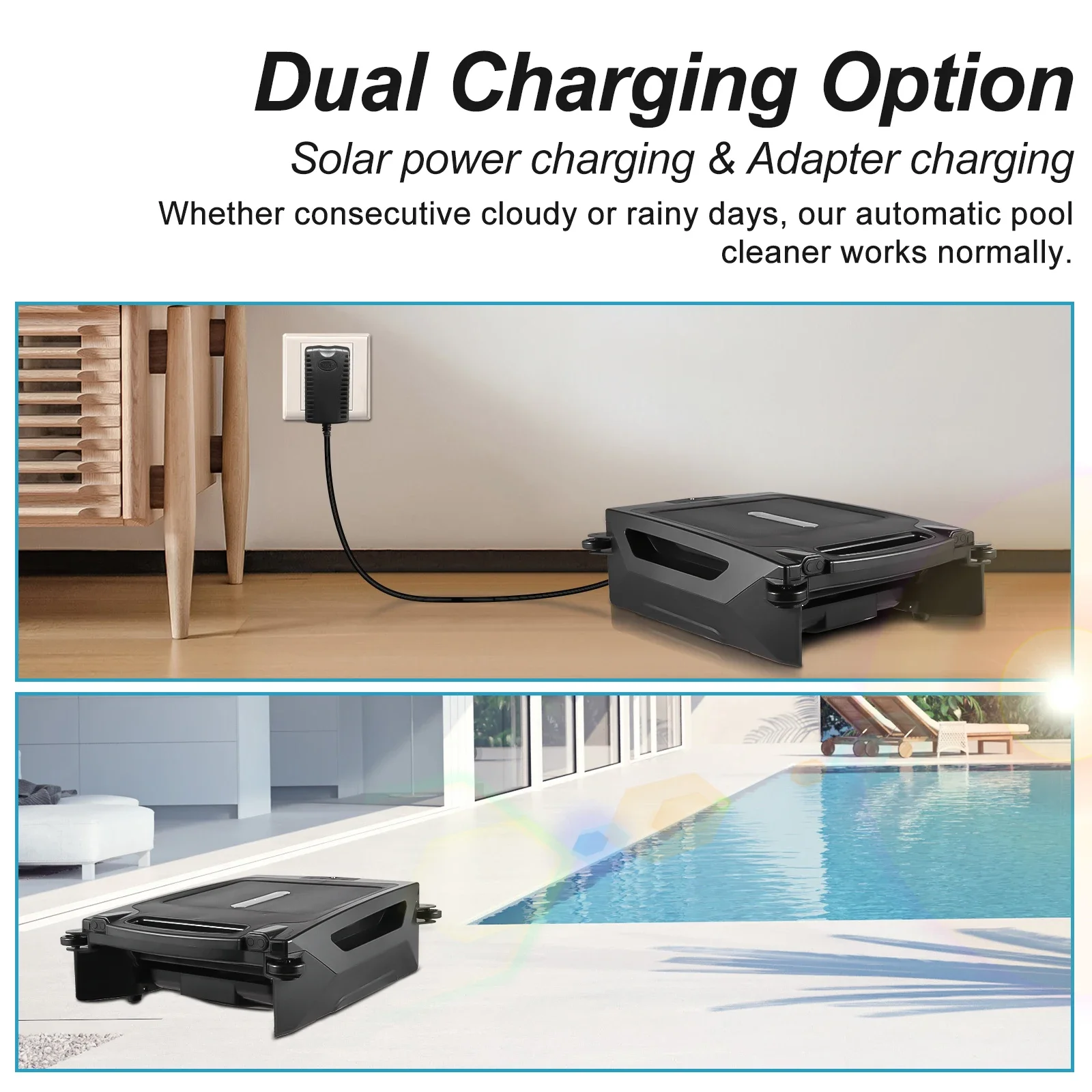 Robotyczny odkurzacz basenowy zasilany energią słoneczną, bezprzewodowy, z podwójnym ładowaniem, 2 trybami czyszczenia, automatycznym omijaniem przeszkód i funkcją ucieczki.