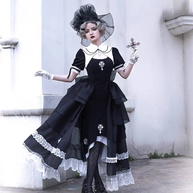 

Fight nun Cosplay Costume Girl Long Dress Sexy Cross Strapless Hight Slit Open chest Uniform Set Lolita Vintage