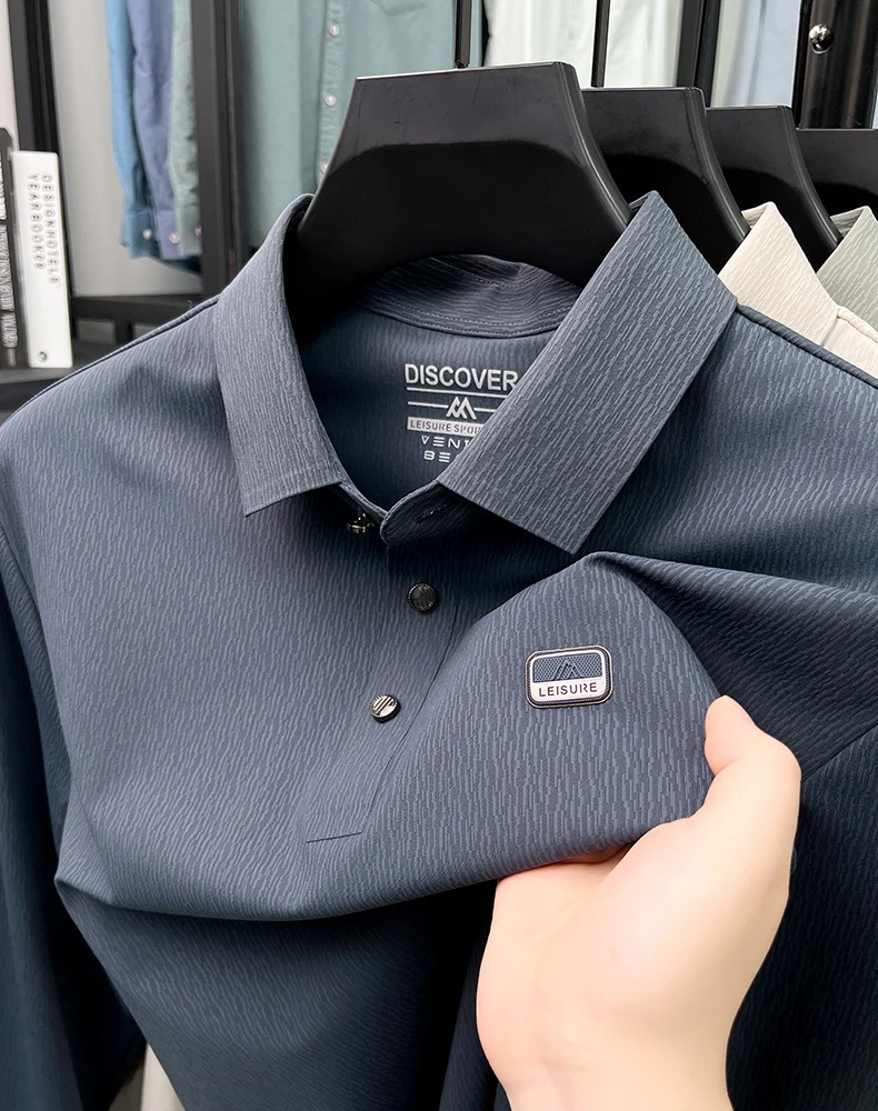 High end brand emboss fashion silky smooth polo shirt men long sleeve new top unique strip texture spring autumn casual T-shirt