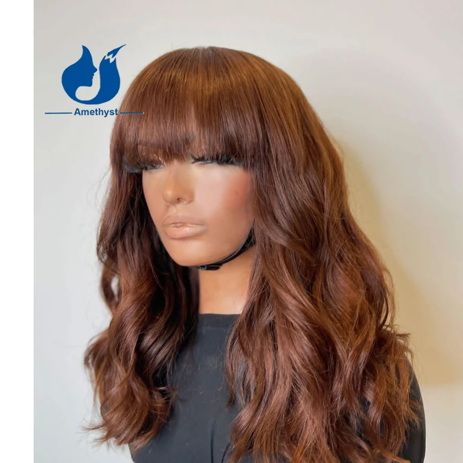 

Amethyst Wavy Ginger Brown Human Hair Wig With Bangs Brazilian Scalp Top Full Machine Made Wig Remy Hair Colored Bob for Women