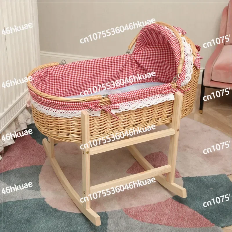 2024 Upgraded Wooden Portable Baby Cradle Bed with 360° Rotating Wheels Baby Rocker for 0-24M Newborn