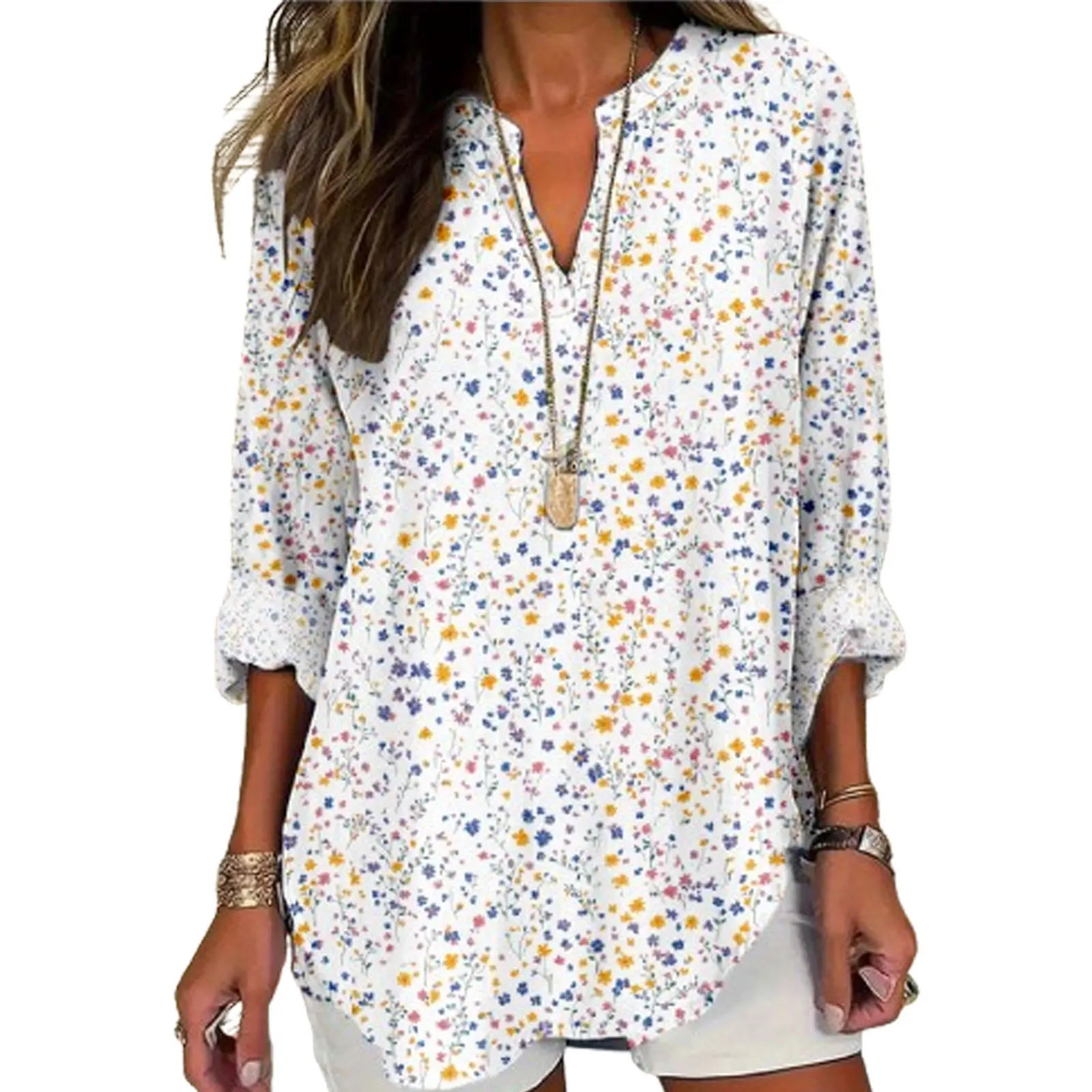 เสื้อเชิ้ตผ้าลินินลายดอกไม้สไตล์โบฮีเมียนสำหรับผู้หญิง คอวี แขนยาว เสื้อคลุมพิมพ์ลายวินเทจ สวมใส่สบายทรงหลวม เหมาะสำหรับฤดูใบไม้ร่วง