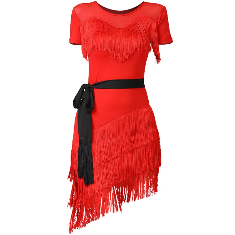 Latin dance attire for adult women in all seasons, new high-end slimming short sleeved tassel slit dress, exercise clothing