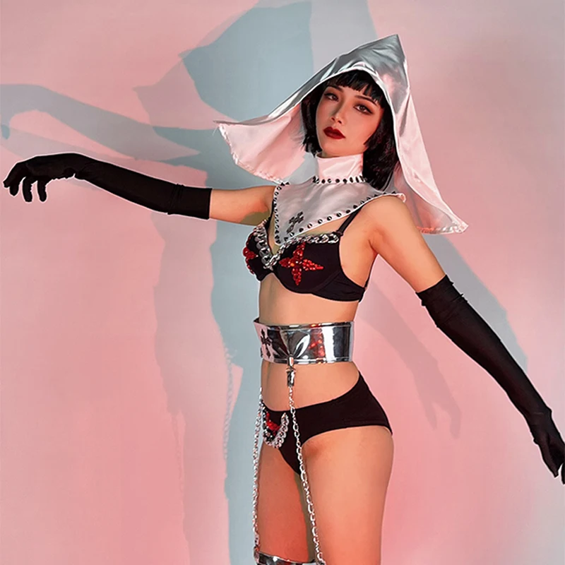 Pole Dance Costume Sexy Bikini Nightclub Gogo Show Dancer Outfit Halloween Nun Rave Festival Clothing Dj Ds Clubwear