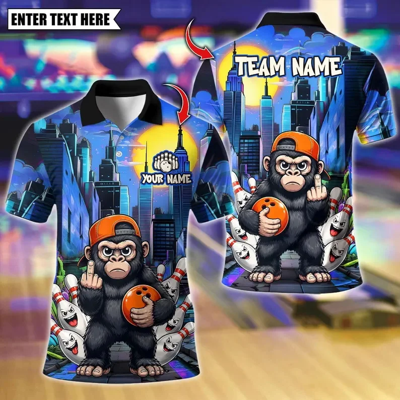 Personalized Custom Bowling Polo Shirt Men Custom Name Team Name Crown Gorilla Bowling Graphic Short Sleeve Bowling Team Jersey