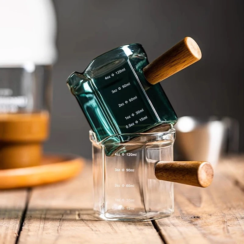 

Glass Measuring Cup with Wooden Handle For Coffee Milk Espresso Kitchen Baking Tools Graduated Scale Home Bar Gift