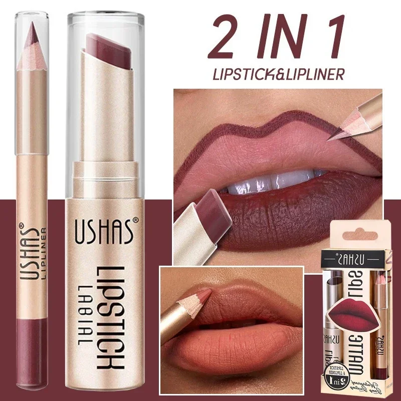12 لون 2 في 1 ماتي أحمر الشفاه بطانة الشفاه مجموعة عارية الوردي ماتي قلم الشفاه الصلبة ملمع الشفاه دائم كونتور تينت الشفاه ماكياج التجميل