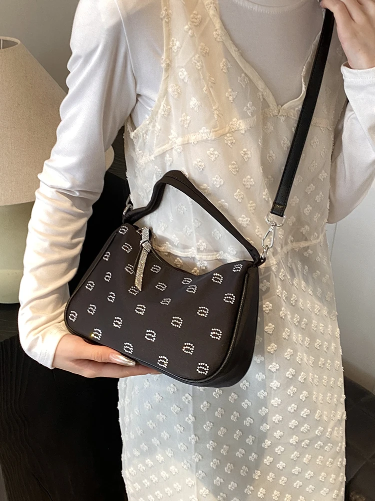 High-end Textured Rhinestone Crossbody Bag Women Black Fashion Nylon Commuter Handbags 2024 Lady Shoulder Bags