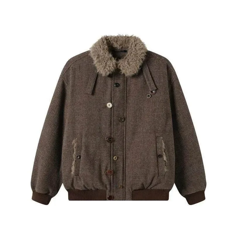 Women Wool Blend Jacket Fleece Collar Button Ribbed Hem Loose Solid Long Sleeve Pocket Warm Coat Autumn Winter Outerwear