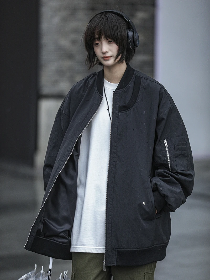 

Vintage American Sle Men's Baseball Jaet Windproof Pilot Coat Spring Autumn Loose Fit Youthful Zipper Decorated Jeans