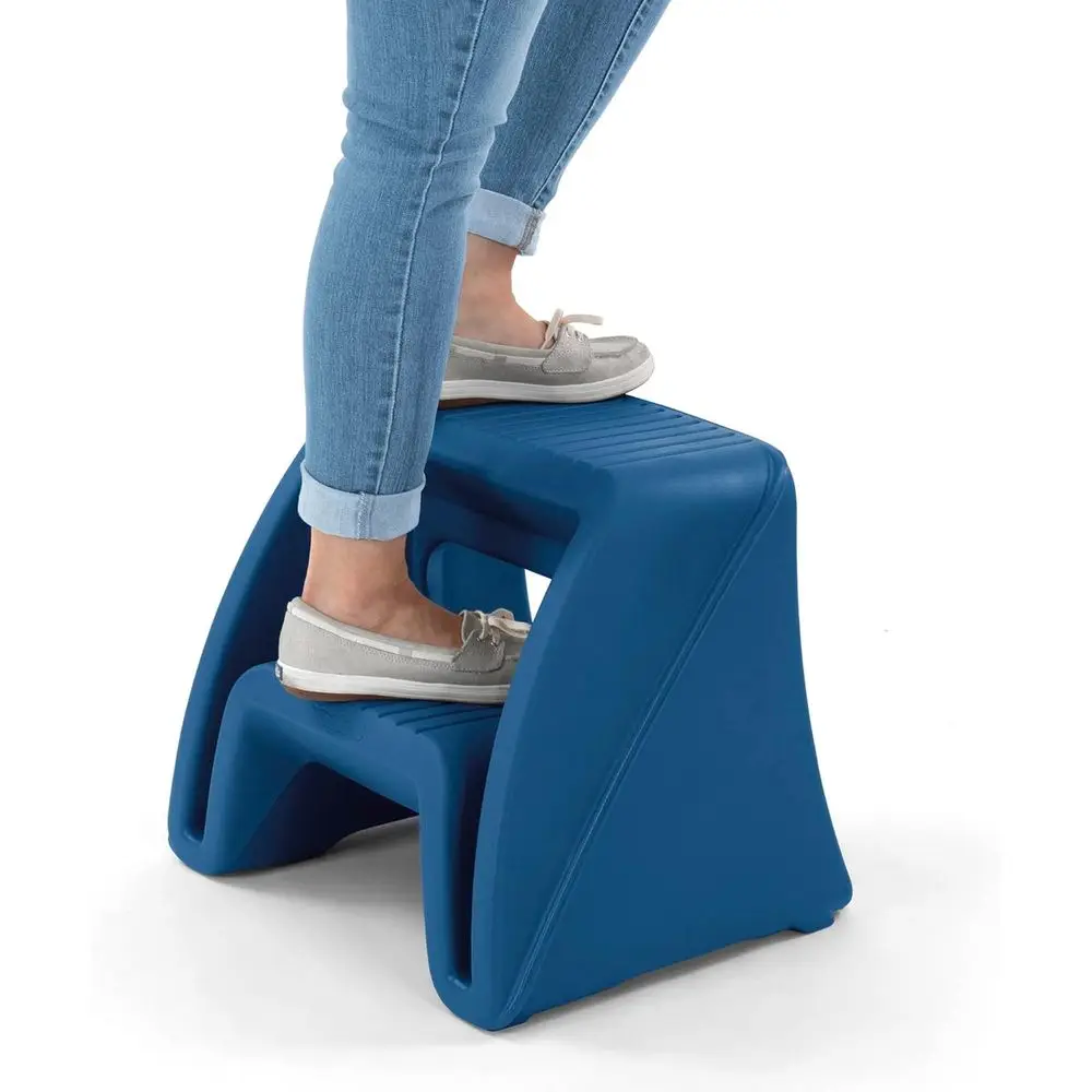 Plastic Two-Step Stool with Seat- Suitable for Indoor and Outdoor Use- 15.5 x 19 x 16- Blue