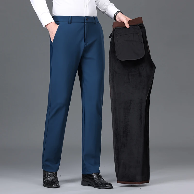 2024 fall and winter new padded and thickened men's casual pants fashion elastic suit pants in high-waisted straight pants