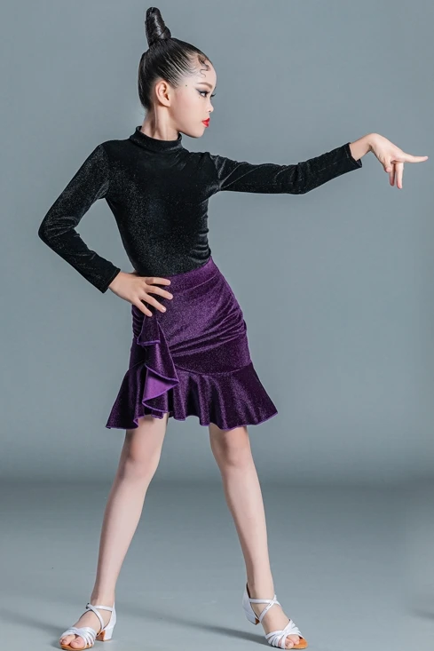 Girls Latin Dance Practice Clothes 2023 Autumn Winter Children's Split Velvet Competition Regulations Latin Skirt Suit