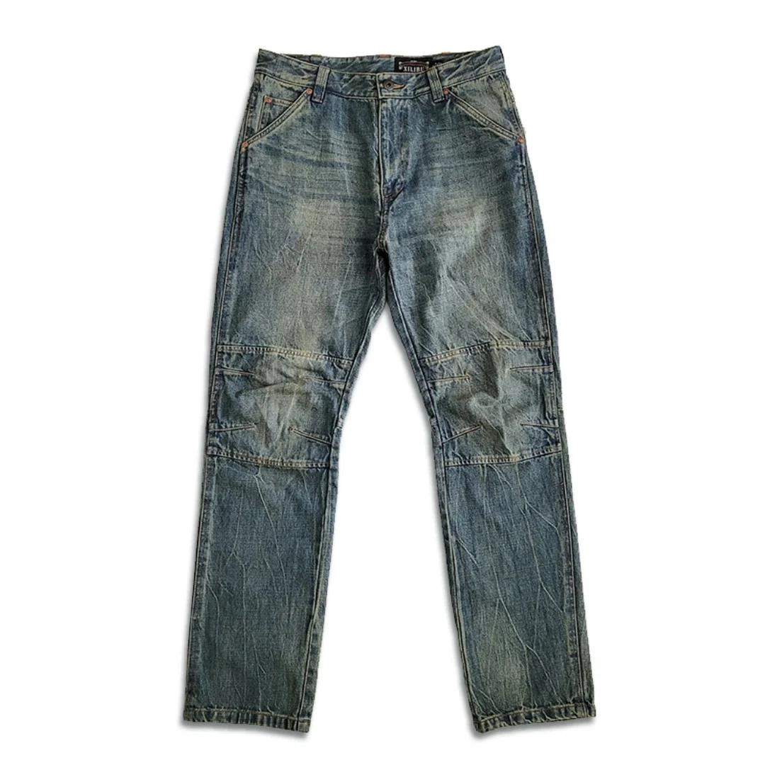 

Men's Distressed Jeans Straight Monkey Wash Moustache Effect Regualr Fit Thick Vintage Safari Denim Pants