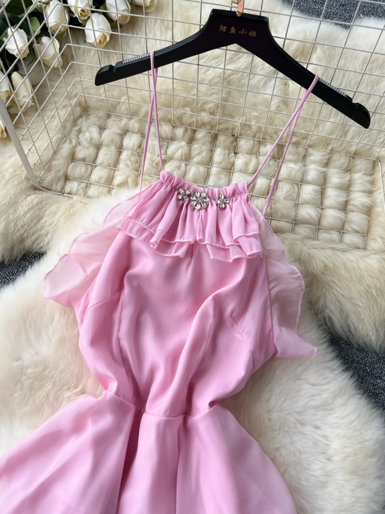 Beach Suspender Pink Dress for Women Sexy Diamond Slim Sleeveless Backless Ruffled Edge Cake Chiffon Long Dress