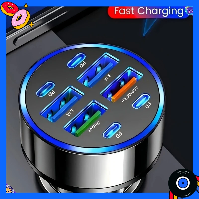 شاحن هاتف محمول للسيارة 8 في 1 مع QC3.0 شحن سريع PD + USB مؤشر LED مزدوج الإخراج مدمج ومحمول مناسب للسيارات #3