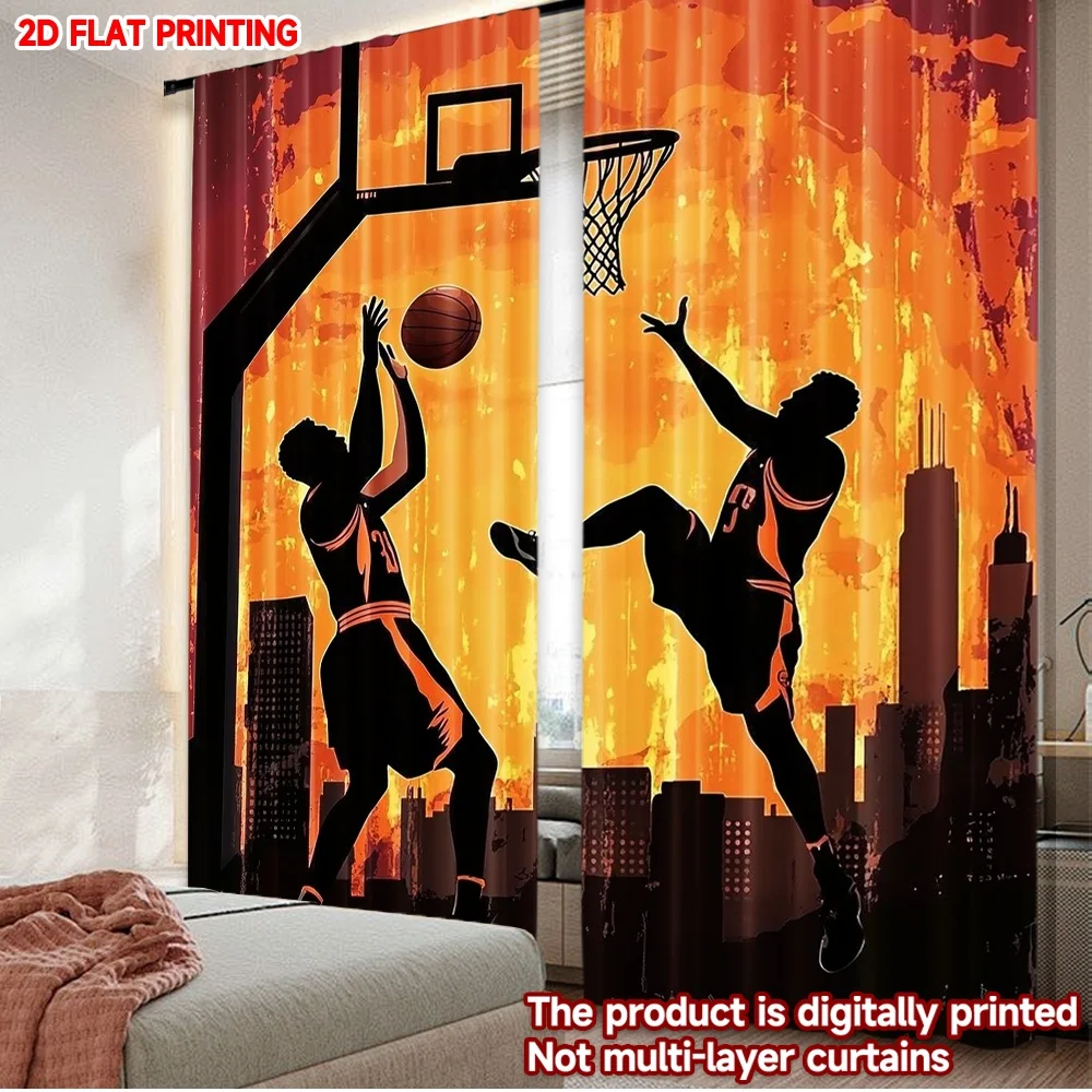

2D плоская печать, 2 шт. штор для вечеринок, шторы с силуэтами баскетболистов, цифровая печать, полиэстеровые занавески для семейных праздников