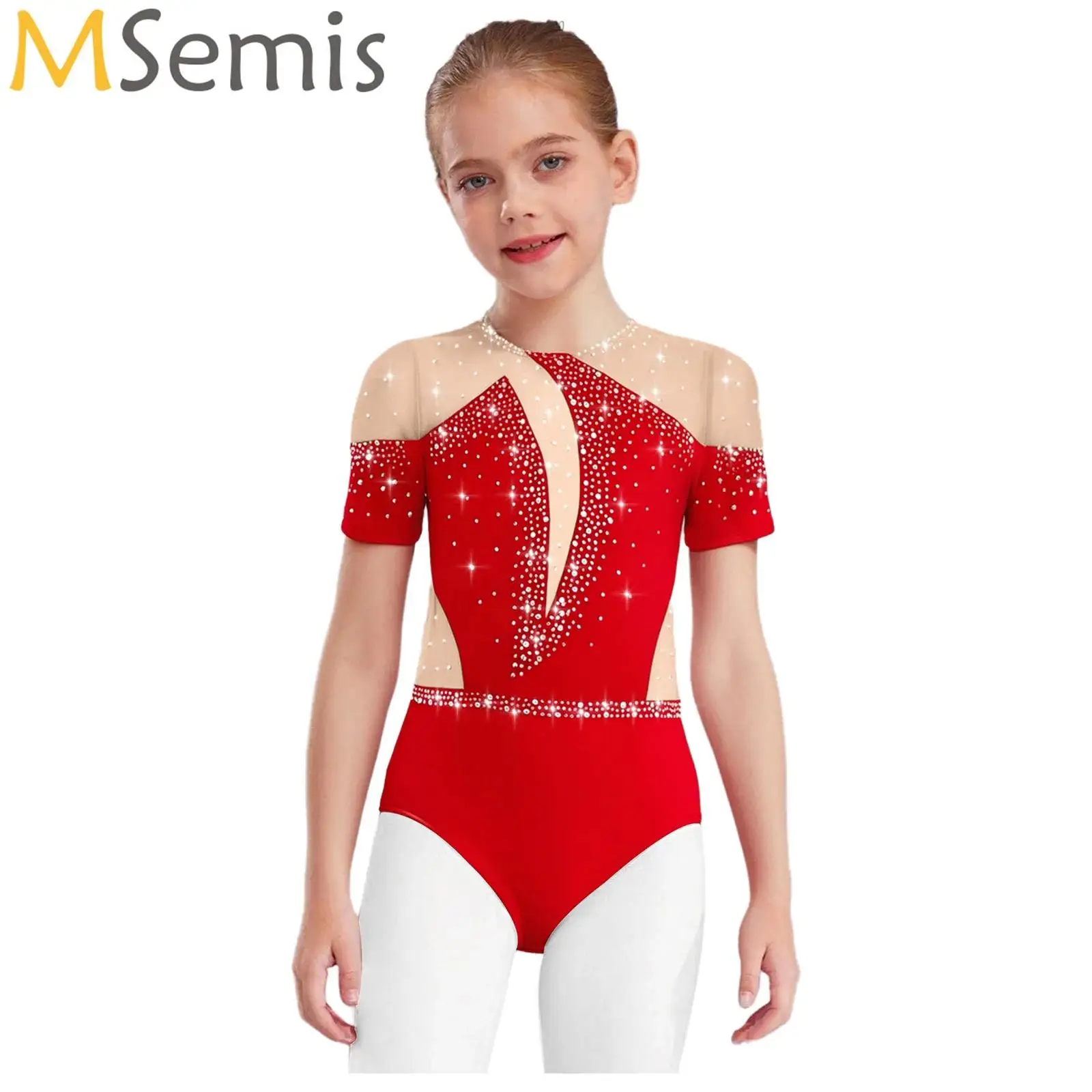 

Kids Girls Rhythmic Gymnastics Leotard Short Sleeves Workout Bodysuit Ballet Dance Leotard Figure Skating Performance Jumpsuit