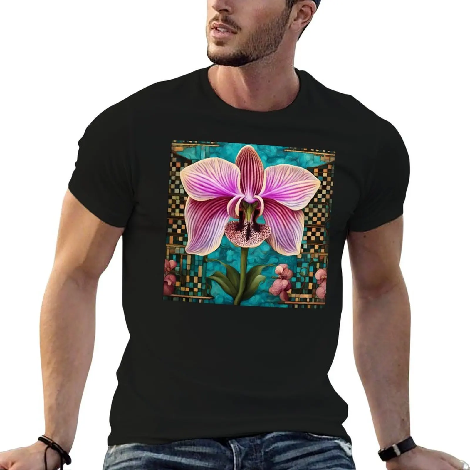 Beautiful orchid on a checkerboard background in turquoise and pink tones. T-Shirt anime t shirts for man T-Shirt