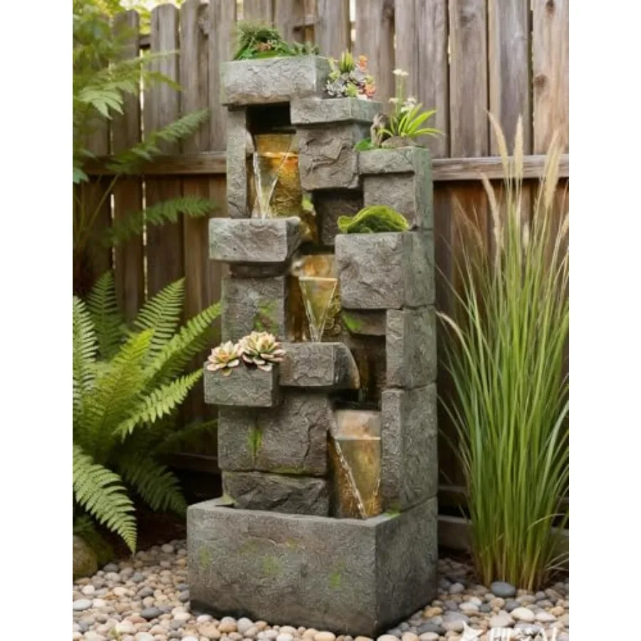 

Уличный фонтан 41.7: 3-уровневый современный напольный фонтан с LED-подсветкой и насосом, уличный фонтан-водопад в виде скалы