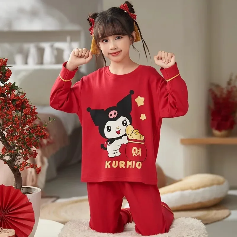 2025 New Year Family Pajamas Imitation Cotton Long Sleeve Girl Red Year of  The Middle School Children Students Home Wear