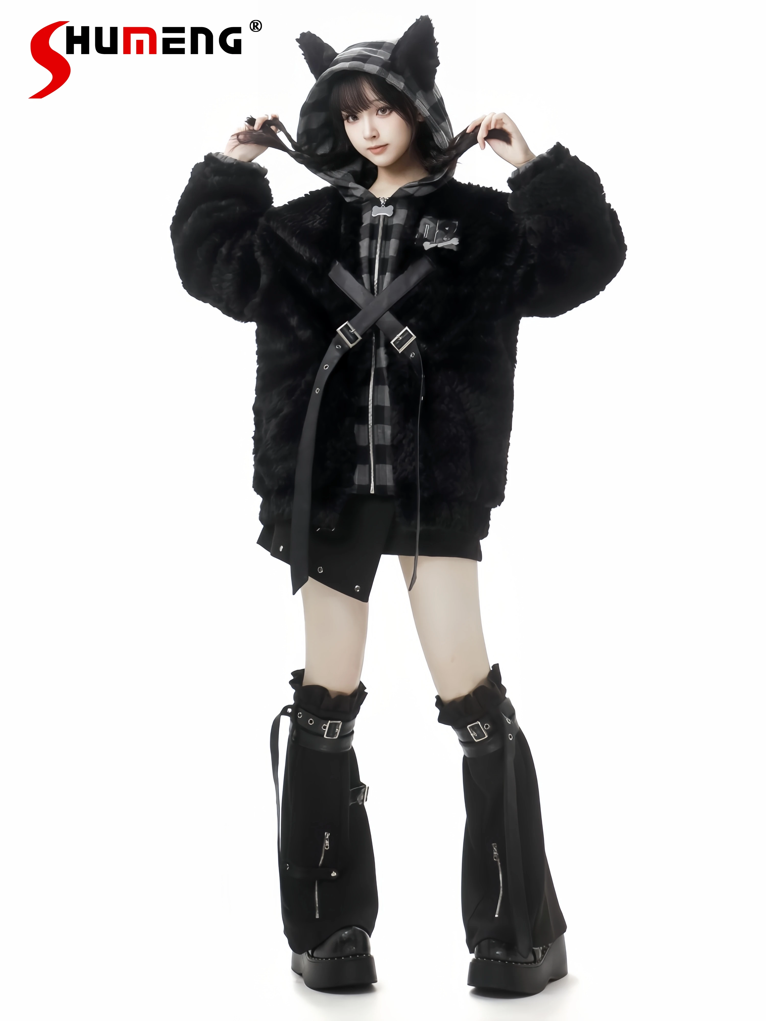 Оригинальный дизайн, милое крутое пальто из искусственного меха в стиле панк, осень-зима, новая теплая утепленная меховая куртка для девочек, плюшевая толстовка, брюки, юбки