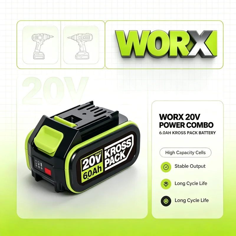 WORX 20V 6.0Ah Lithium Battery Compatible WX2031,WX598,High Sustained Power for courtyard pond cleaning and garden fence Tools