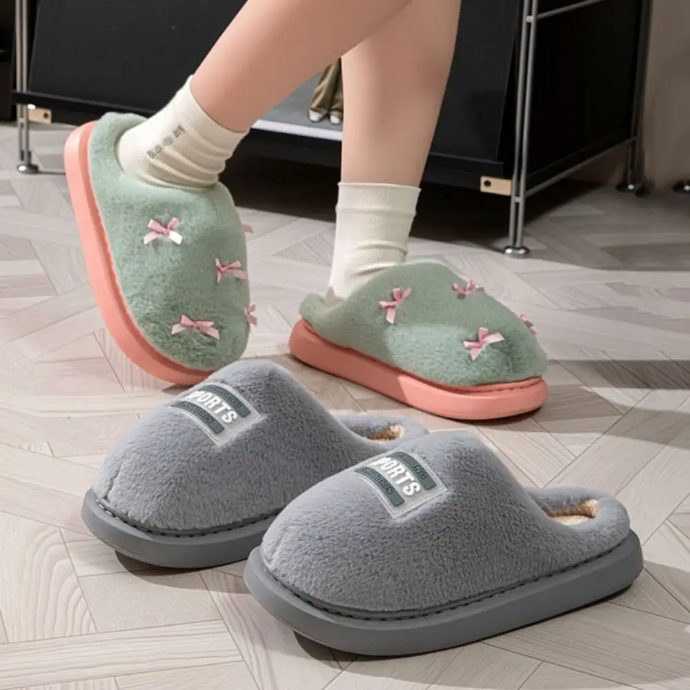 

Creative Soft Plush Couple Slippers Bow Fluffy Slides Winter Warmer Slippers Furry Anti-slip Warm Home Cotton Shoes Women Men