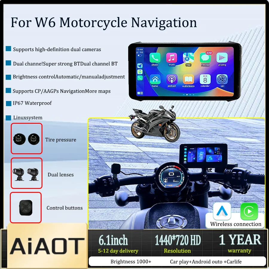 6.1inch Portable W6 IP67 Waterproof Motorcycle GPS Navigation Wireless Carplay Android Auto DVR Drive Recorder Moto Monitor WIFI
