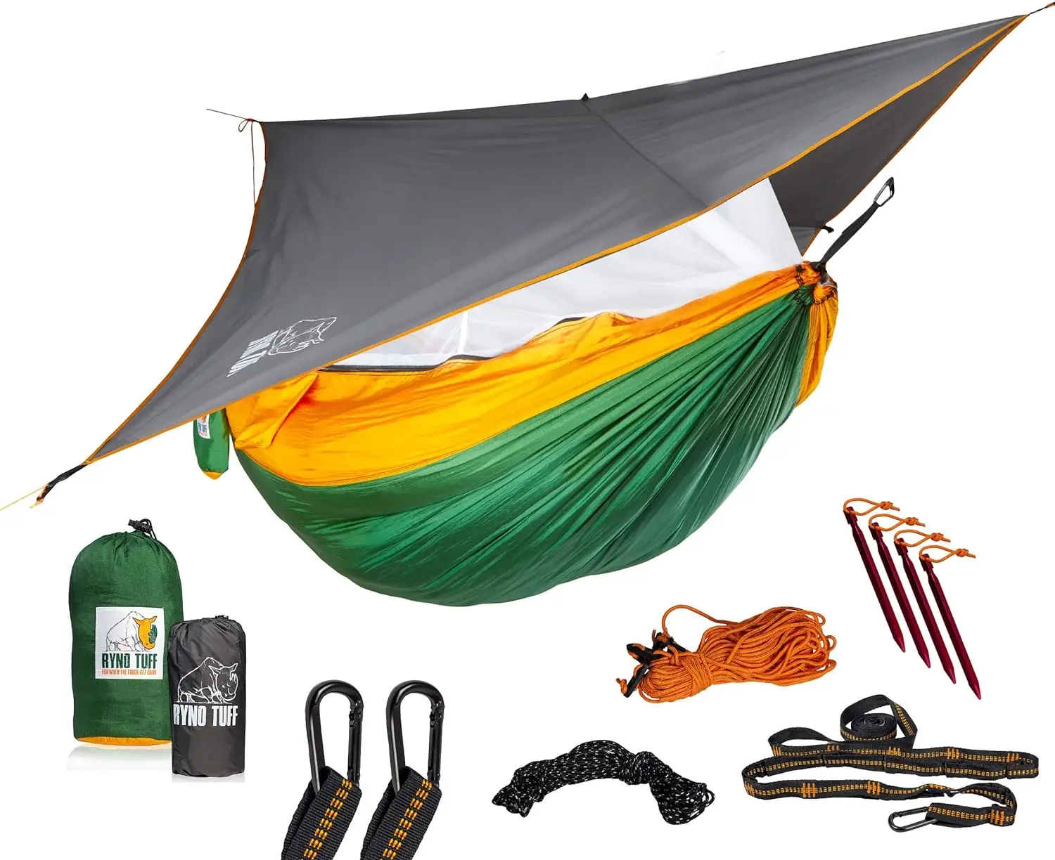 

2 Person Camping Hammock with Mosquito Net & Rain Fly - Compact Double Hammock with Bug Net, Tarp, Pocket, Tree Straps & Heav