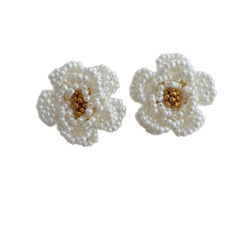 Minar Elegant Simulated Pearl Beads Strand Knitted Flower Camellia Dangle Earrings for Women Real Gold Plated Copper Jewelry view 6