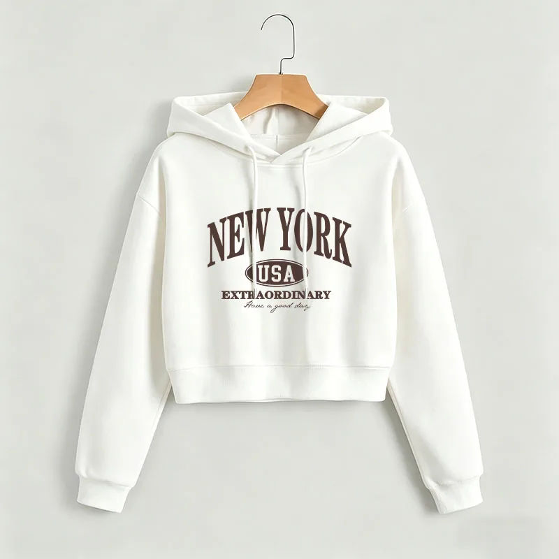 

Gothic USA NEW YORK Print Autumn Winter Cropped Sweatshirt Crop Top Hoodie Y2k Sweatshirts Casual Style Clothes