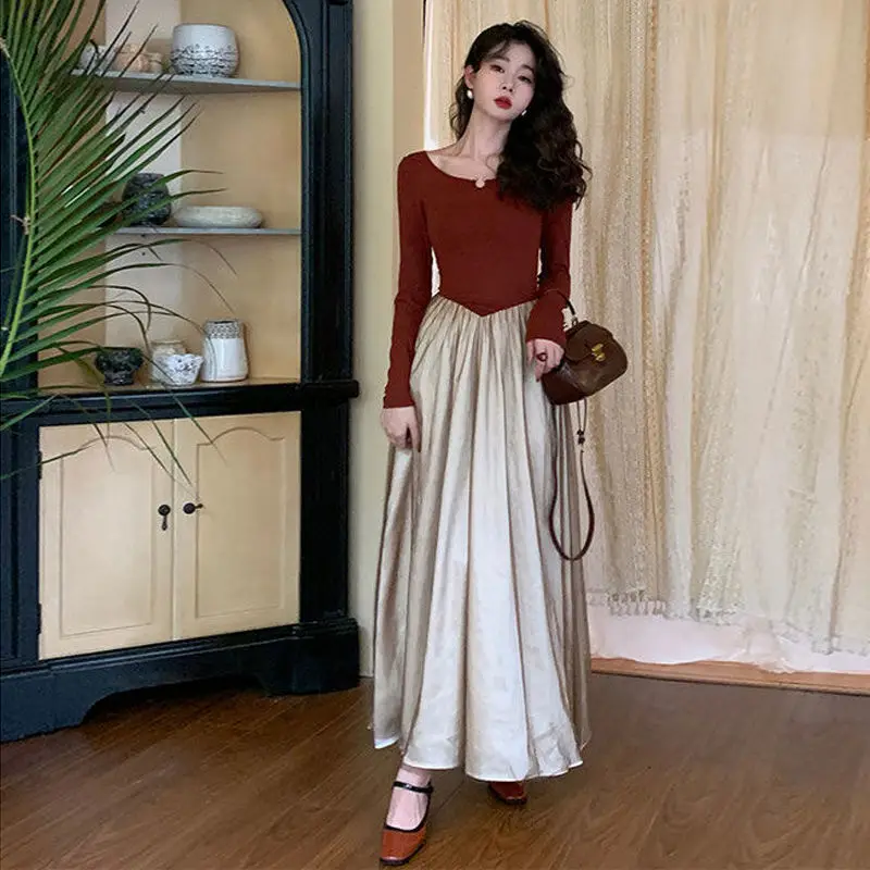 

Women Autumn Spliced Knitted Dress V-Neck Long Sleeved Slim A-line Dresses for Office Lady Party Vestido Winter T708