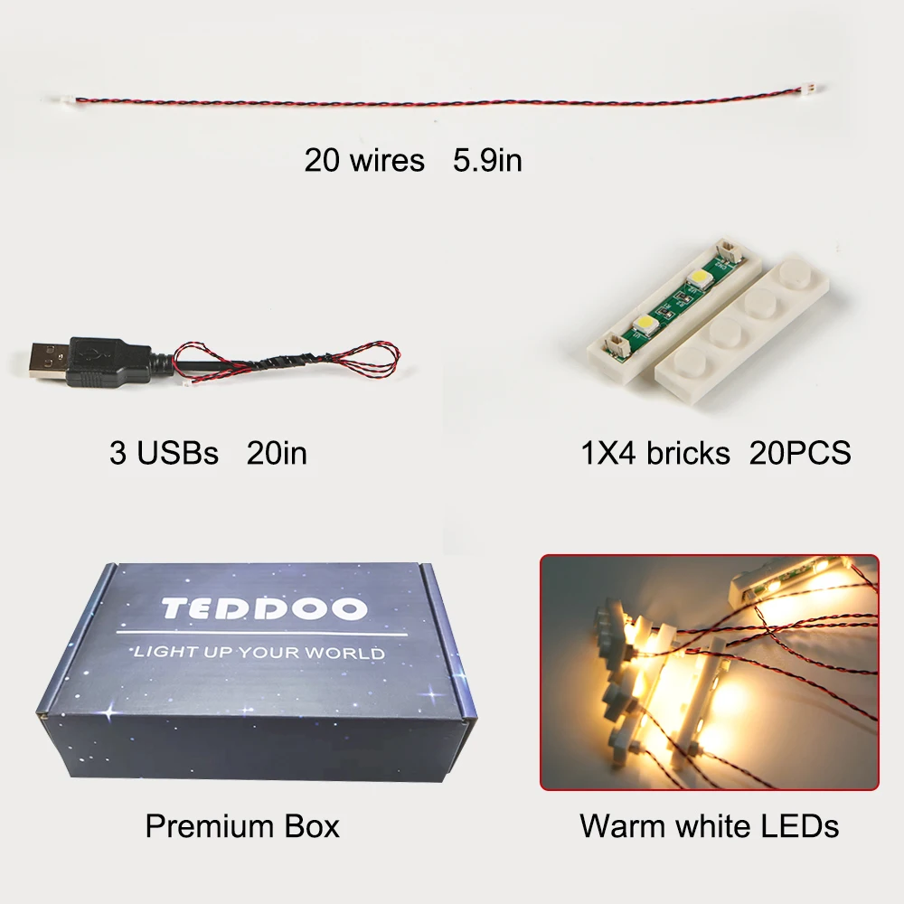 20 stuks 1X4 LED-verlichtingsset (X in één verlichting aangedreven door USB) Bricks City DIY-combinatiemodule MOC Compatibel met stenen 3710