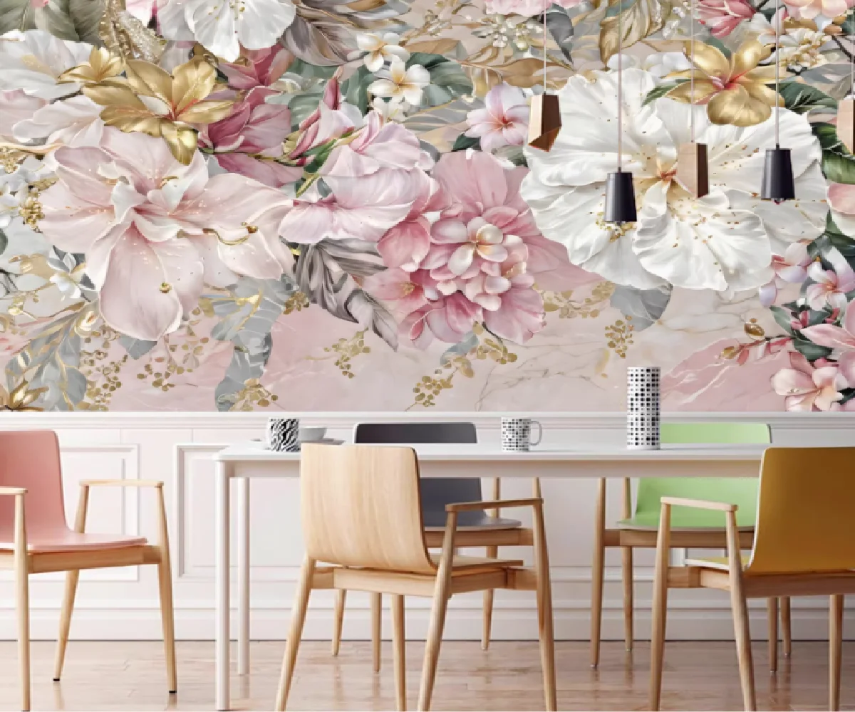 French luxury floral mural pink and white three-dimensional floral customized bedroom living room entrance decoration wallpaper