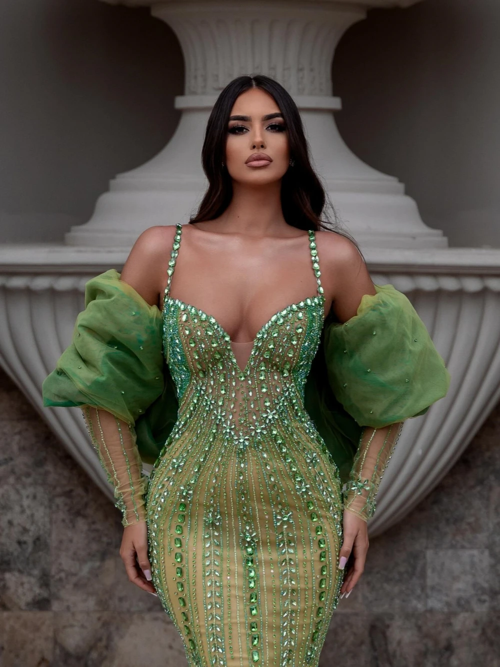 Green Luxury Beaded Straight Long Evening Dress Graceful Detachable Sleeves Wedding Party Gown Customized Illusion  Prom Dresses