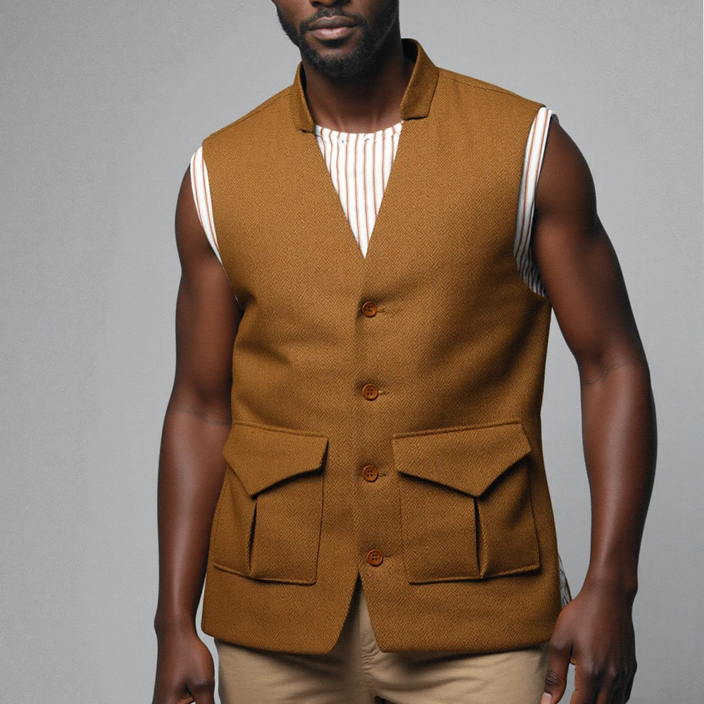 

New Little V Neck Men's Herringbone Tweed Waistcoat Single Breasted Slim Fit Business Groom's Vest With 2 Pockets