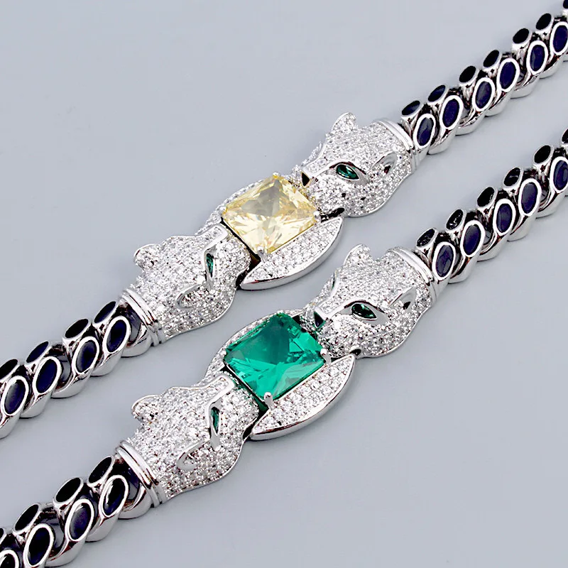 Europe America Cuban Style Bracelet Men Women Lady Settings Cubic Zircon Yellow Green Stone Double Leopard Black Enamel Chain