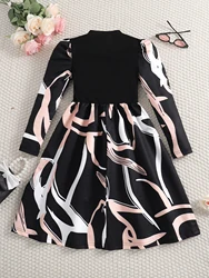 Girls' dress autumn contrasting striped pattern dress fashionable sweet girl elegant style children's princess dress