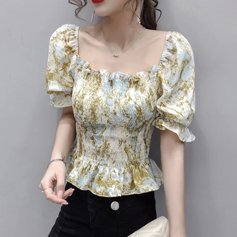 Sexy Summer Chiffon Blouses Women 2024 Fashion Casual Floral Printed Crop Corset Top Blouse Freach y2k Puff Sleeve Bustier Tops