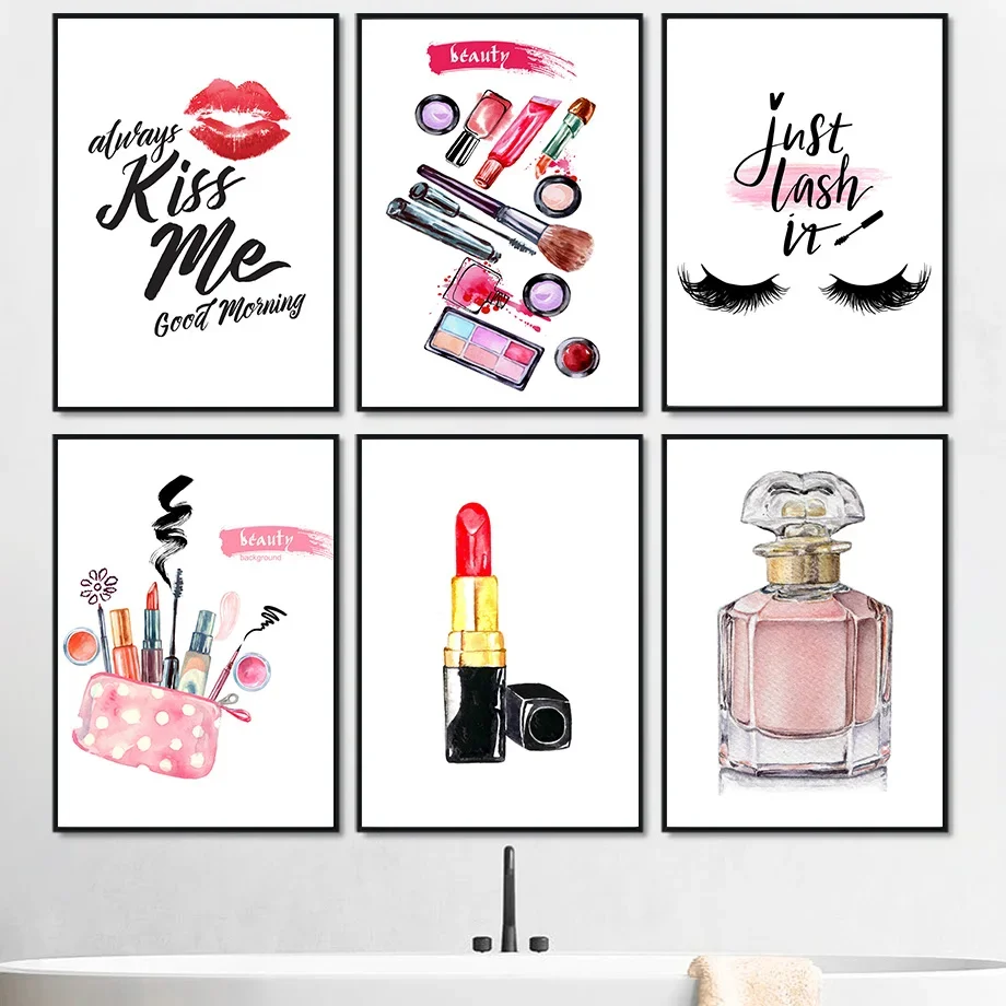 

Lipstick Eyelash Perfume Fashion Makeup Nordic Posters And Prints Wall Art Canvas Painting Wall Pictures For Living Room Decor