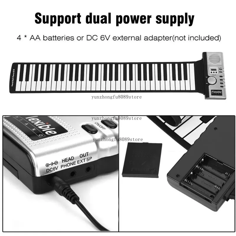 61 Keys Silicone Roll Up Electronic Piano, Portable Flexible Soft ABS Keyboard, Foldable Digital Music Instrument