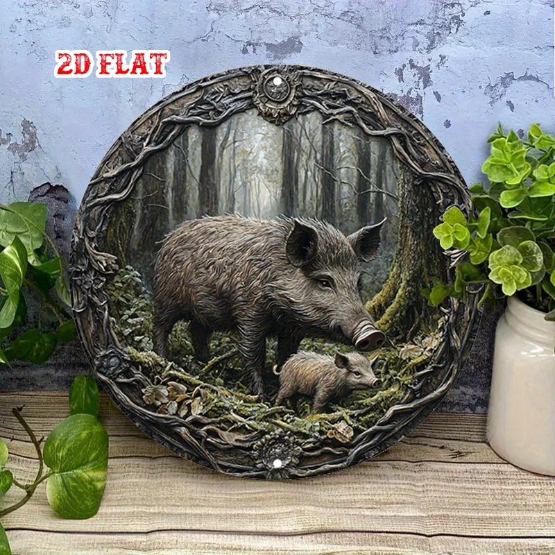 Arte de pared retro de estaño de 7.8x7.8 pulgadas, cartel metálico redondo con motivos de jabalí y lechones en el bosque para decoración del hogar
