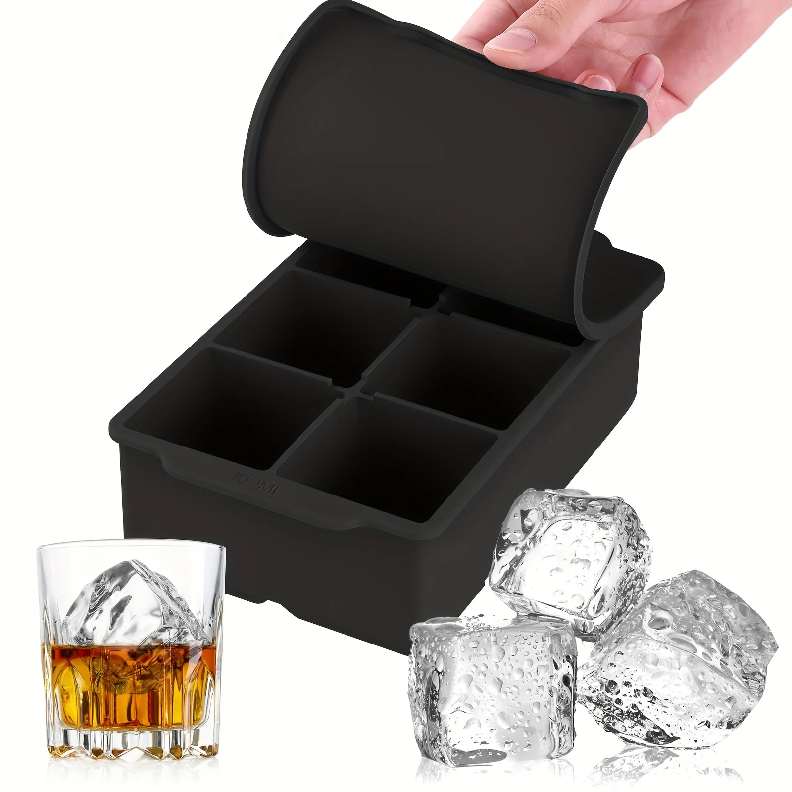 Large Silicone Ice Cube Tray with Removable Lid - BPA Free, Stackable, Flexible & Uncharged for Whiskey, Cocktails, Soups &  Tre