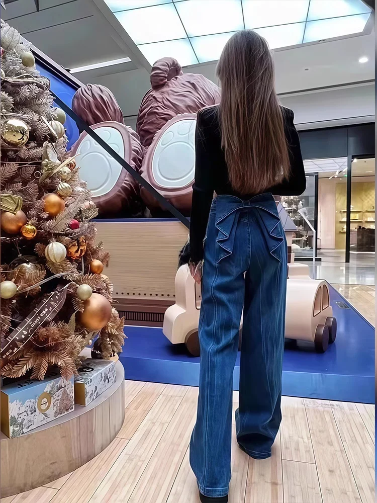 Lâche Bf paresseux Sle taille haute jambe large jean droit noeud Denim pantalon décontracté pantalon évasé pour les jeunes femmes