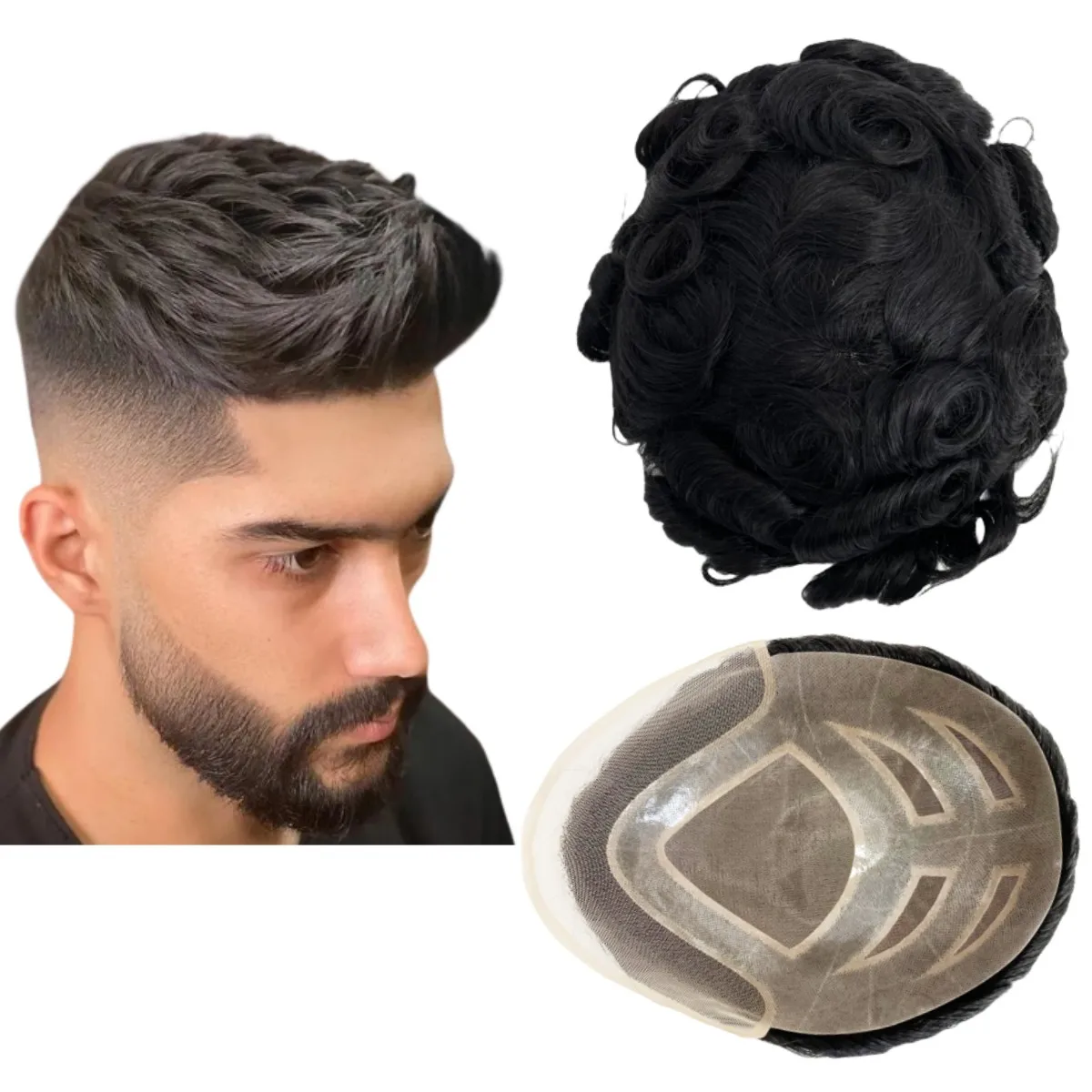 Tupé para hombres, pelucas de cabello humano, unidades de prótesis FPM, Parche de onda rizada, cabello humano Real, reemplazos