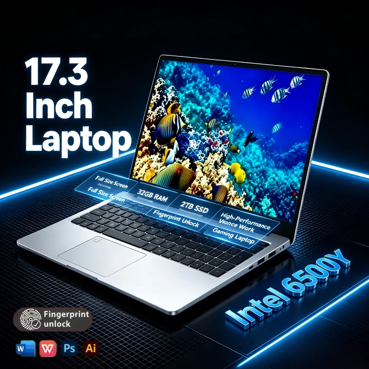 Intel 6500Y High Performance Pro 32GB RAM 2TB SSD 17.3 Inch Full Size Laptop Fingerprint Unlock Work Gaming Notebook
