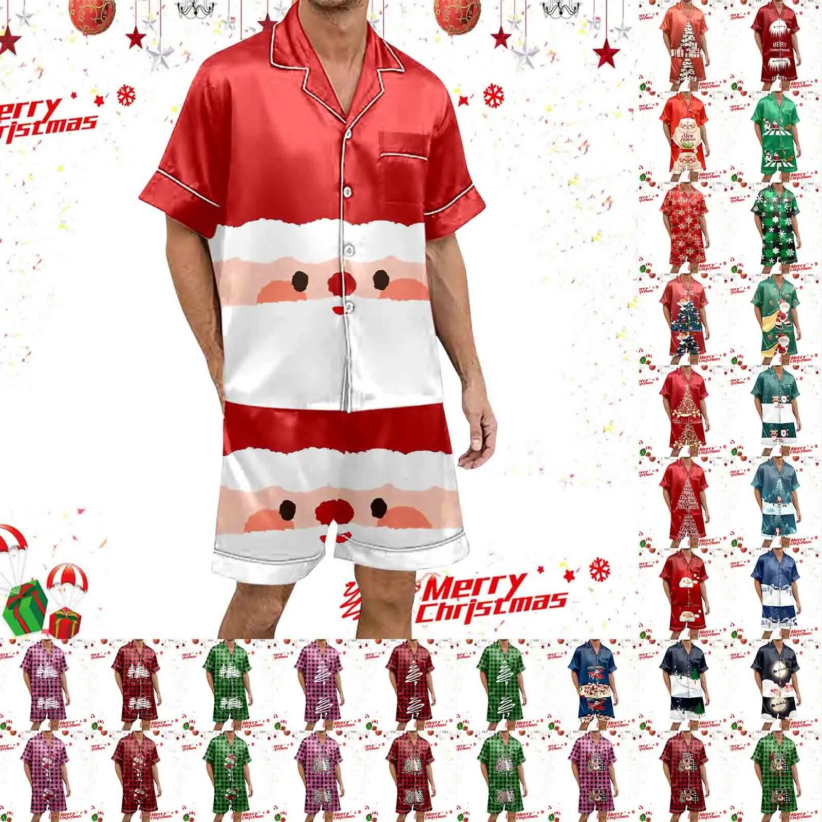 Pajama Set for Men Christmas Print Silk Satin Short Sleeved Button Crop Top Ladies\' Casual And Fashionable Snowman Santa Star